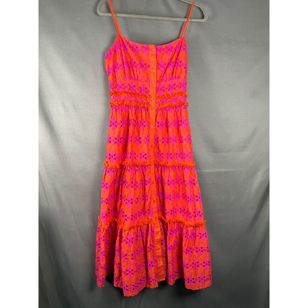 J.Crew Eyelet Tiered Midi Dress Womens 4 Orange Pink Floral Fringe Button Front